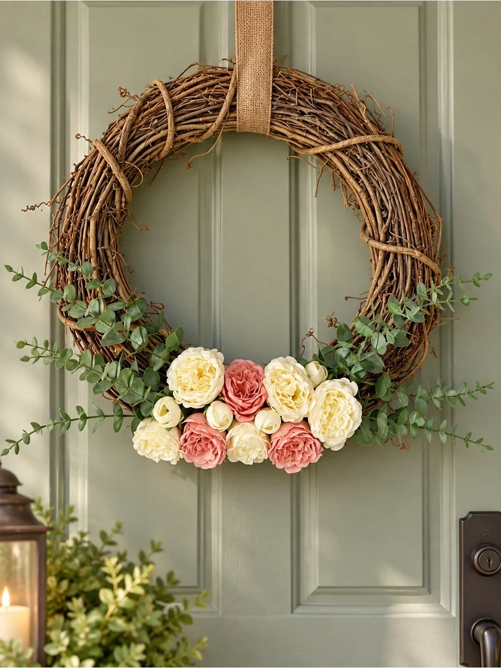 Grapevine Wreath Blush Ivory Flowers Eucalyptus Rustic Farmhouse Door Decor